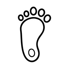 Simple graphic depiction of a single foot with toes and a heel pad outline in black on white is shown