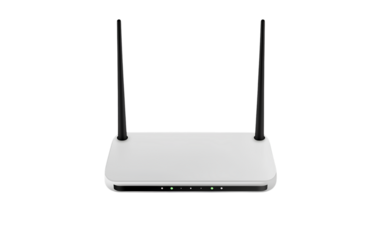 3D vector illustration of a white, centered wireless router with two black antennas on a transparent background