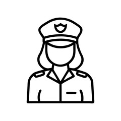Outline drawing of a woman wearing a police hat and uniform with shoulder epaulettes design style