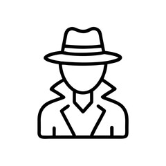 Person wearing a fedora and trench coat outline drawing in black and white simple design style icon look