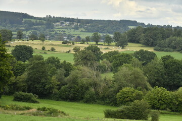 Obraz premium Contraste entre les zones ensoleillées et d'ombres sur un paysage pittoresque de collines boisées et prairies à Bras (Lierneux)