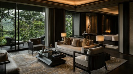 Elegant modern living room with outdoor view of lush green scenery