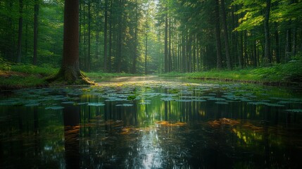 Fototapeta premium Sunlight filtering through a tranquil forest path reflected in a still pond