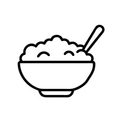 A simple depiction of a bowl filled with food and a spoon resting inside it shown in outline style