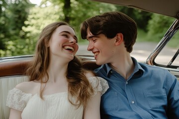 Obraz premium In vintage convertible, bride and groom exchange delighted chuckles after their wedding ceremony