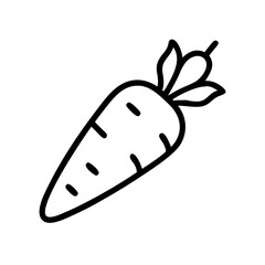 Simple line art drawing of a carrot with leaves isolated on a white background for design projects