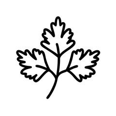 A simple graphic of a cilantro sprig with three leaves in a bold outline style on a white backdrop