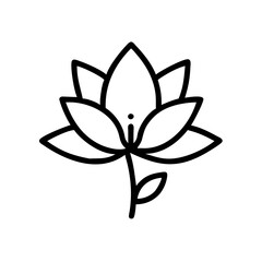 Simple botanical drawing of a water lily with a stem and leaf in black outline style, isolated 100 character