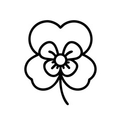 Simple botanical drawing of a pansy with bold outline and visible stem on a plain white background