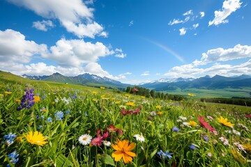 A vibrant field of wildflowers under a bright blue sky with soft clouds and a rainbow emerging in the distance, capturing the beauty of nature.