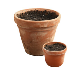 Large and small clay pots with dirt ready for planting indoors or outdoors in a garden setting, large clay pot and a small clay pot with dirt on the ground, Transparent background
