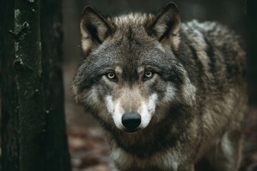 Fototapeta premium Gray wolf stares intently into the forest.