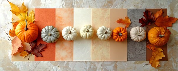 Autumn display of pumpkins and leaves on a color block background layout