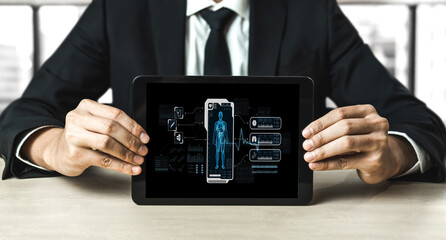 Medical science technology and futuristic healthcare virtual computer software analyze human health...
