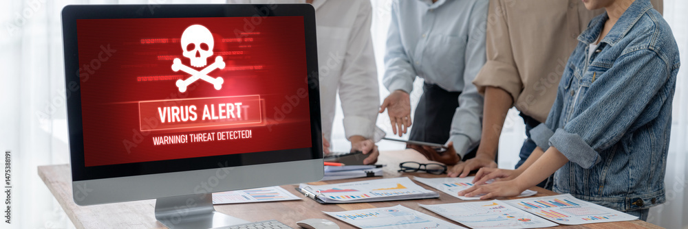 Poster Virus warning alert on computer screen detected brisk cyber threat , hacker, computer virus and malware