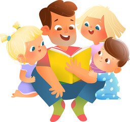 Father Reading Book to his Children Family Cartoon. Parent reading storybook to three children girls and boy. Cute siblings and father family time together. Vector kids educational cartoon clip art.