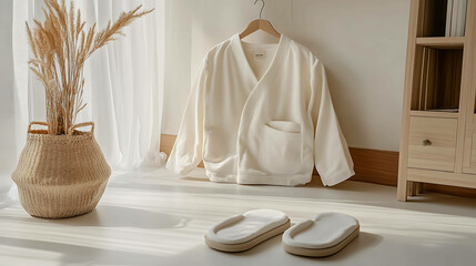 Sleepwear set with matching slippers displayed on a clean floor