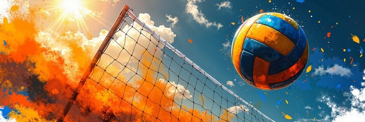 Vibrant volleyball against an energetic sunset backdrop, capturing action and excitement in a dynamic sports-themed atmosphere, concept of beach sports or recreational activities