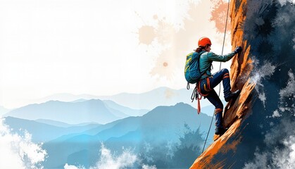 Fototapeta premium Climber ascending a steep rock face with determination against a vibrant mountain landscape, adventure concept of outdoor sports and tourism