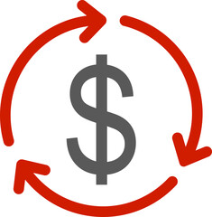 Money circulation icon. Dollar currency exchange icon isolated on transparent background. Cashback rebate, Return money, financial services, money refund, return on investment vector sign.