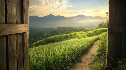 Fototapeta premium Open door reveals a lush green landscape of rice terraces and mountains, bathed in soft sunlight.