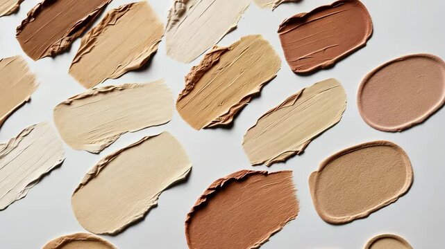 Diverse palette of makeup foundation swatches in gradient sequence on light background
