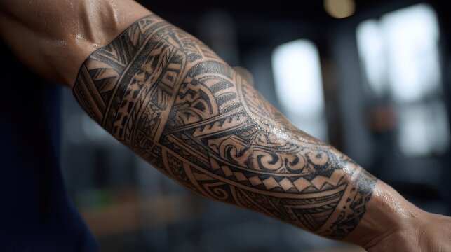 Close-up view of a forearm adorned with intricate tribal tattoo designs.