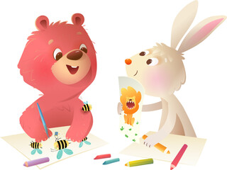 Bear and Bunny drawing with crayons or pencils together in coloring book. Cute wild animals characters illustration, educational activity for kids creativity. Vector children cartoon clip art