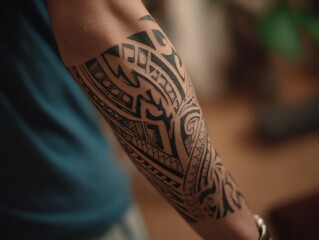 Close-up view of a complex arm tattoo design.