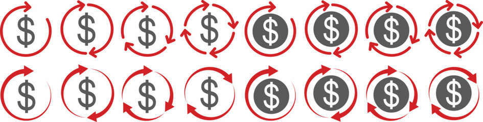 Money circulation icon set. Dollar currency exchange icon isolated on transparent background. Cashback rebate, Return money, financial services, money refund, return on investment vector signs.