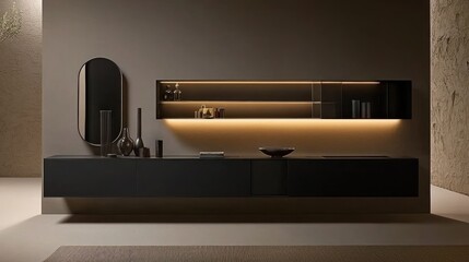 Elegant modern living room interior with stylish wall mounted furniture