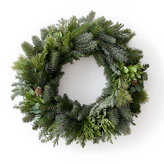 Lush evergreen wreath with frosted tips, eucalyptus, and pinecones evokes a festive and wintry charm.