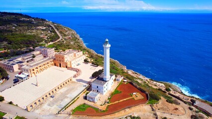 Santa Maria di Leuca - Italy, Apulia - Aerial view of the Cape Lighthouse in front of the fantastic...