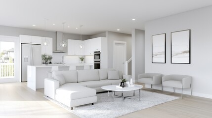 Modern open concept living room and kitchen with furniture