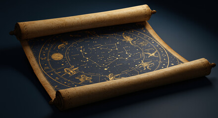 Antique Zodiac Constellation Scroll on Dark Blue Background