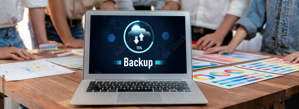 Poster Backup Storage Data Internet Technology Business concept. Database storage cloud technology file data transfer sharing, cyber, big data information, internet banking application download upload brisk