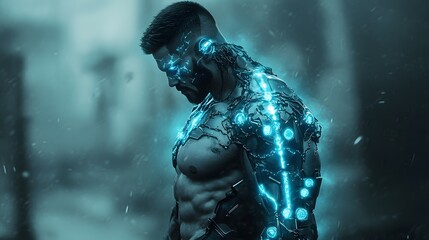 Cybernetic enhancement: A futuristic vision unfolds, showcasing a muscular figure with intricate cybernetic implants integrated seamlessly with their physique, radiating with an ethereal blue glow.