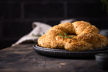 Traditional Turkish bagel simit with sesame