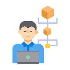 Data scientist connecting blocks with computer for analysis