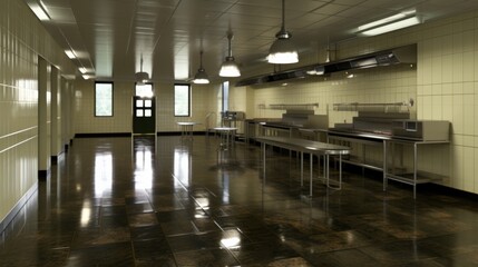 Modern industrial kitchen interior with stainless steel equipment and bright lighting