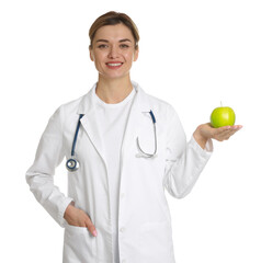 Nutritionist with green apple and stethoscope on white background