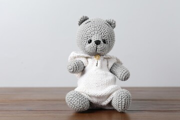 Cute knitted toy bear on wooden table against light background