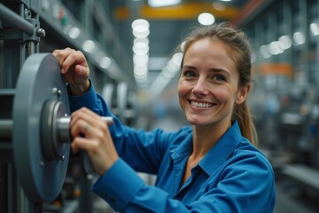 Obraz premium Close-up of a female mechanical engineer inspecting equipment on the production line in a manufacturing plant, smiling.