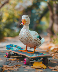 Duck on skateboard autumn scene