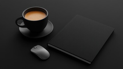 Coffee, Notebook, Mouse on Dark Surface