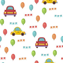 vector seamless pattern with children's drawing, print for children's textiles, decor and decoration of children's rooms and things, machines and balls for decoration of children's holiday and printin