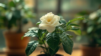 A delicate, creamy white bloom atop verdant green leaves in a terracotta pot