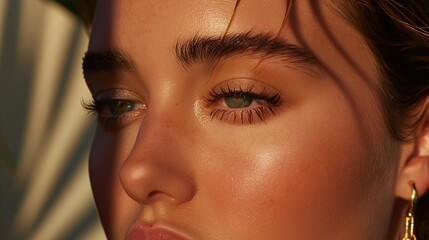 Fototapeta premium Close-up portrait of a young person with sun-kissed skin and subtle makeup.