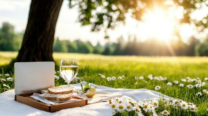 A picturesque picnic setup on a sunny and verdant lawn