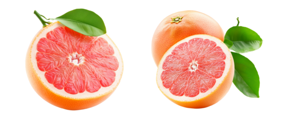 Set of grapefruit with green leaves isolated on white transparent background. Concept of healthy citrus fruit
